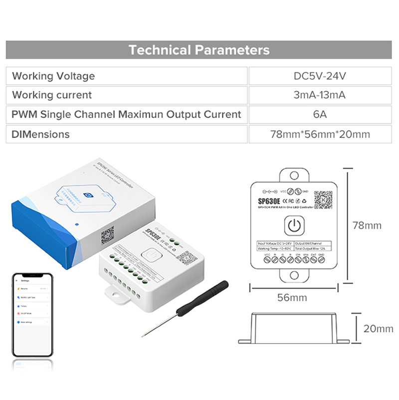 DC5-24V SP630E 12-in-1 Multi-Function Bluetooth APP Control LED Controller For All LED Strip Lights DC5-24V SP630E 12-in-1 Multi-Function Bluetooth APP Control LED Controller For All LED Strip Lights